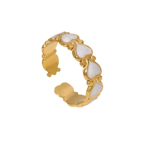 Minimalist adjustable 18K gold plated stainless steel ring with white enamel hearts