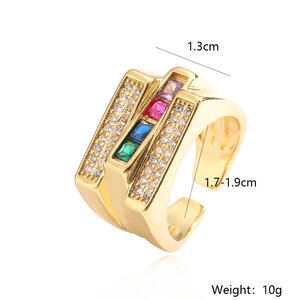 18K gold plated open ring with colorful rectangular gemstones and zircon accents