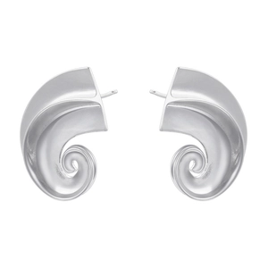 Detail of silver spiral C-shaped stud earrings with polished wave-like geometry design