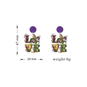 Mardi Gras LOVE dangle earrings in purple and gold glitter with Fleur-de-lis pattern