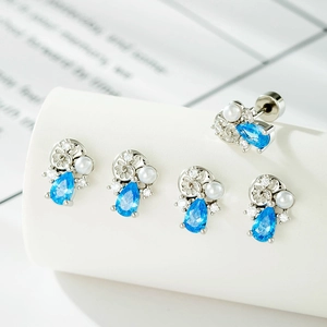 Ear Cartilage Stud Alloy Blue Water Drop Zircon White Faux Artificial Pearl Ocean Conch Screw Back Piercing Jewelry For Women