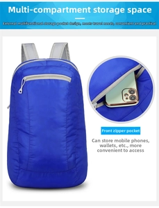 Detail view of the front zipper pocket on this lightweight blue waterproof travel backpack