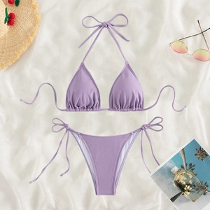 Women Ribbed Bikini Halter Triangle Swimsuit Top And Side Tie Bottoms Sexy Solid Color Beachwear Vacation Bathing Suit