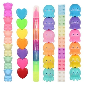 Close-up of colorful stackable bear and heart shaped pens in vibrant rainbow colors