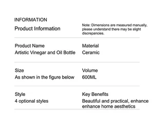 Detailed specifications for ceramic vinegar and oil bottle showing 600ml capacity and material