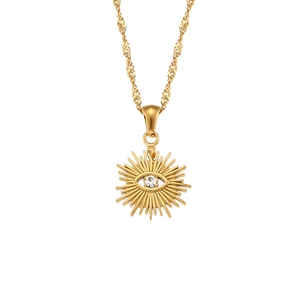 Golden stainless steel evil eye necklace with sunburst pendant and crystal inlay