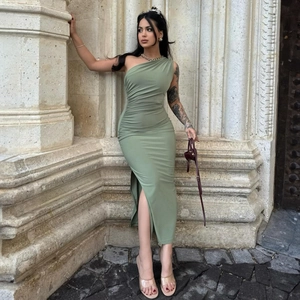 Sage green one shoulder ruched midi dress with side slit for summer parties