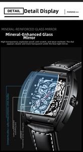 Detail view of Chenxi tonneau watch with blue light protection and scratch-resistant glass