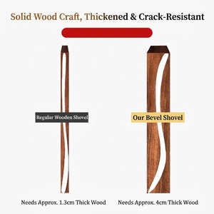 Ebony wood cooking spatula showing 1.3cm regular and 4cm thick curved profile comparisons