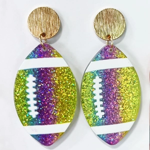 Detail of glitter American football earrings with gold brushed metal studs and vibrant colors