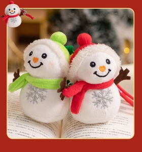 Close-up of plush snowman charms with silver snowflake embroidery and knitted hats
