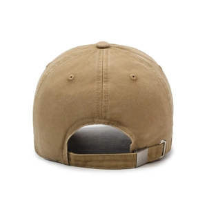 Rear view of washed khaki cotton baseball cap featuring adjustable metal buckle closure