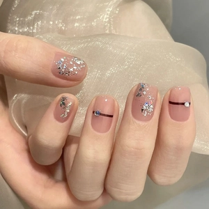 Handmade Press On Nails Pink Glitter Rhinestone Elegant Short Square Glossy Artificial False Nails For Women