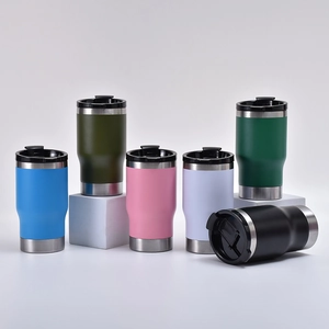 Group of 14oz stainless steel insulated tumblers in six vibrant colors on white pedestals