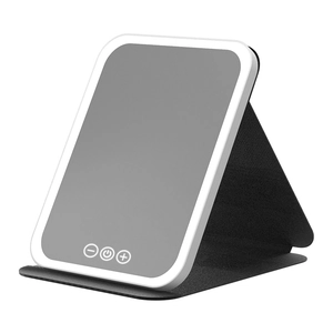 Foldable LED makeup mirror with touch control and portable leather-textured case