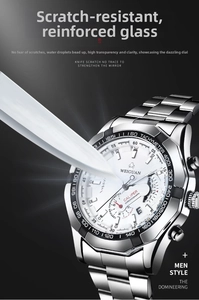 Close-up of scratch-resistant crystal on men's chronograph watch with silver bezel