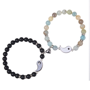 Close-up of magnetic heart clasp connecting black matte beads and amazonite stones