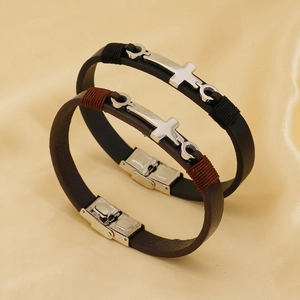 Bracciale In Pelle E Acciaio Inossidabile Con Croce Gioielli Punk Religiosi Per Uomo Unisex Moda Retro