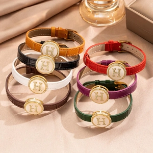 Leather Bracelet Stainless Steel Buckle Bamboo Grain Rhinestone Geometric Round Charm Mother Of Artificial Pearl Fashion Jewelry