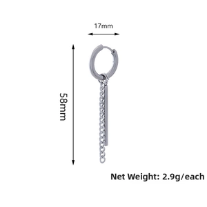 Detailed size parameters of silver cross earrings showing 58mm length and 17mm width