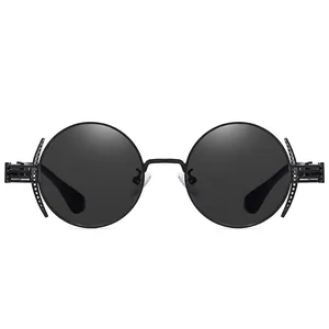 Steampunk black metal round sunglasses for men and women with punk mechanical hollow temples