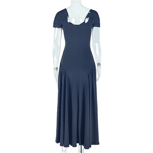 Detailed front view of high-waist pleated A-line dress with short sleeves in dark blue