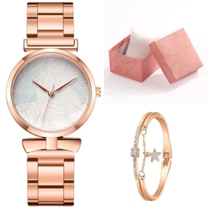 Rose gold quartz watch and star bracelet set with elegant pink textured gift box