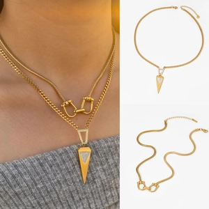 Stainless Steel Geometric Triangle Pendant Necklace Women Zircon Inlaid Horsebit Snake Chain PVD Gold Plated Fashion Jewelry