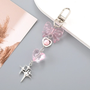 Pink heart and bow crystal keychain with silver metallic star pendant and hook