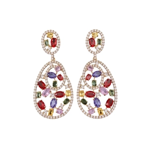 Vintage hollow oval drop earrings with multicolor zircon gemstones in a luxury design