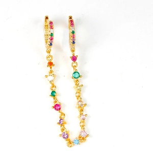 18K gold plated hoop earrings with colorful round-cut gemstones and dangling chains