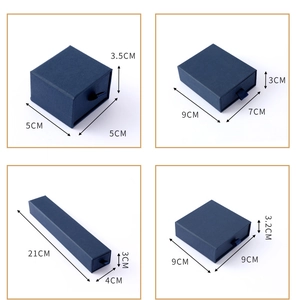 Deep blue drawer jewelry box set showing four sizes including 21x4x3cm and 9x9x3.2cm dimensions