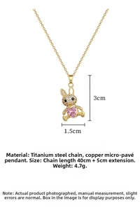 Detailed view of titanium steel rabbit necklace with pink and white zircon stones