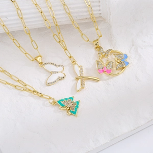 Butterfly Dragonfly Pendant Necklace Copper 18K Gold Plated Zircon Enamel Clavicle Chain Jewelry For Women