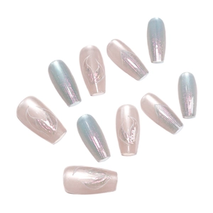 Blue mermaid aurora press-on nails with holographic shimmer and white flame patterns