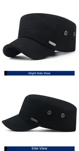 Detail of a black cotton flat top army cap showing metal air vents and fashion logo plaque