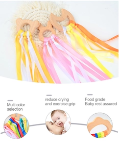 Detail of food grade beech wood ring and colorful satin ribbons for baby sensory grip