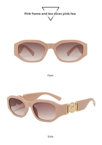 Detail of pink frame sunglasses showing front and side view with golden lion logo