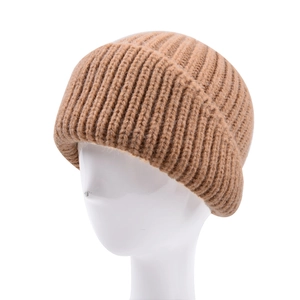 Close-up of camel knit beanie showing thick vertical ribbed texture and wide folded cuff