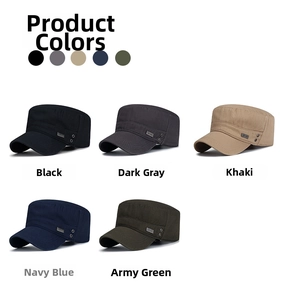 Detailed view of breathable cotton military flat top caps in five assorted neutral colors