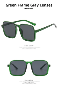 Detailed front and side view of square green frame sunglasses with grey lenses