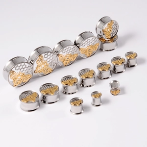 Stainless steel ear gauges with golden honeybee design and honeycomb hollow pattern