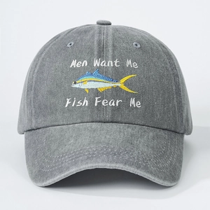 Gray washed denim baseball cap with Men Want Me Fish Fear Me embroidery fish graphic
