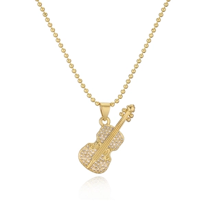 Gold violin pendant necklace with shimmering zircons and ball chain for women
