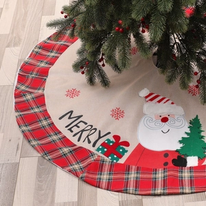 Christmas Tree Skirt Linen Fabric Red Plaid Border Santa Claus Snowflakes Merry Christmas Rustic Holiday Tree Base Cover