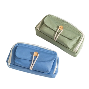 Large capacity canvas pencil case with flap cover and button detail in blue and green