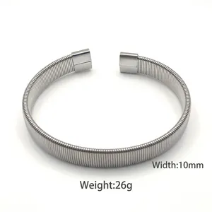 Minimalist silver steel wire water wave cuff bracelet with 10mm width and 26g weight