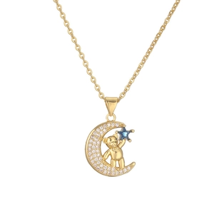 Gold plated bear necklace with crescent moon and blue star pendant with zircon