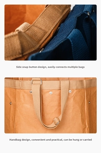 Detail showing metallic side snaps and adjustable webbing handles on washable paper bag
