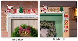 Detailed view of wood Christmas door corner frame featuring Santa Claus and Merry Christmas text